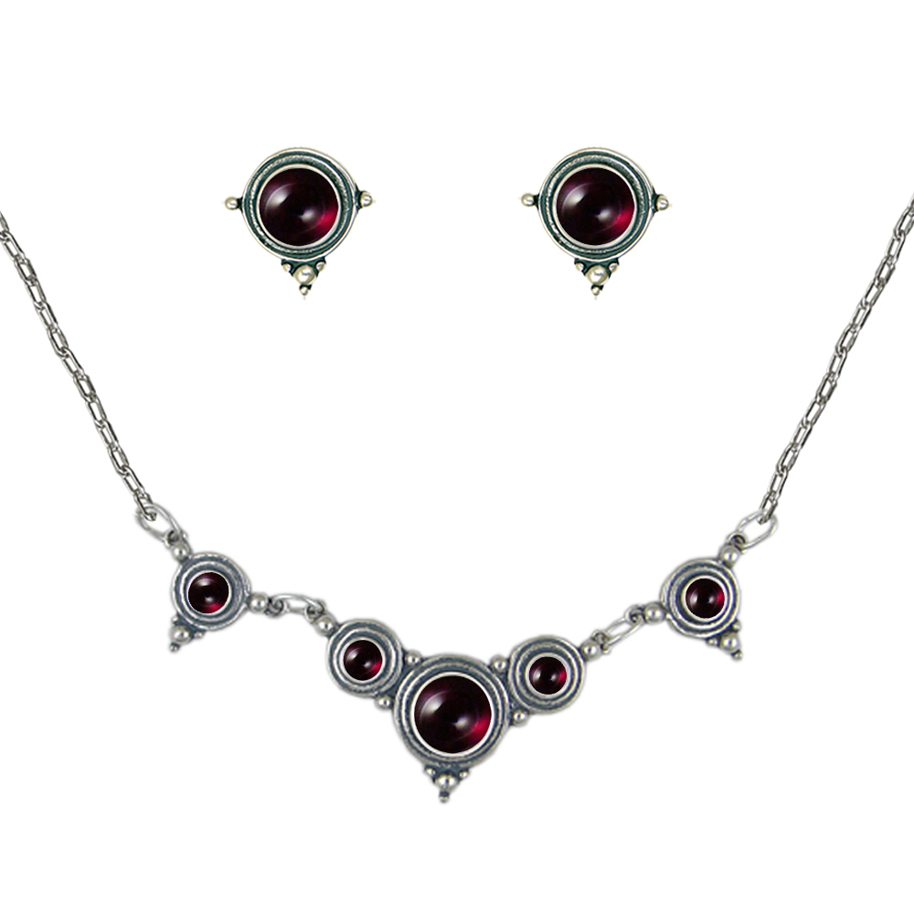 Sterling Silver Designer Necklace Earrings Set in Garnet